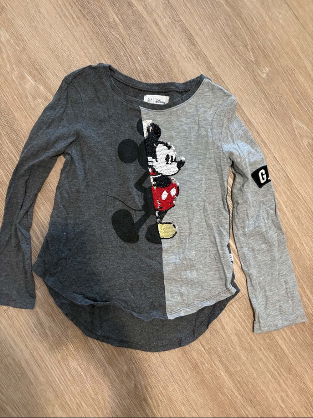 GAP Gray Two-Tone Sequin Mickey Mouse Long Sleeve Tee